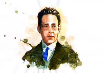 Porträtt av den danske atom- och kärnfysikern Niels Bohr (1885-1962) (den danske fysikern Niels Bohr) Illustration av Alessandro Lonati