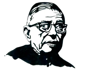 Porträtt av den franske författaren, filosofen och dramatikern Jean-Paul (Jean Paul) Sartre Teckning
