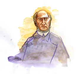 Representation av Victor Schoelcher (1804-1893) fransk politiker, Franc Macon, känd för att ha lett dekretet om det definitiva avskaffandet av slaveriet i Frankrike (Porträtt av den franske avskaffande författaren Victor Schoelcher) Illustration av Alessan