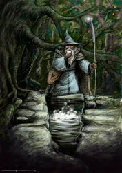 Representation av en druid som dricker vid den underbara fontänen Barenton, i skogen Broceliande - Illustration av Alessandro Lonati - 2012 -