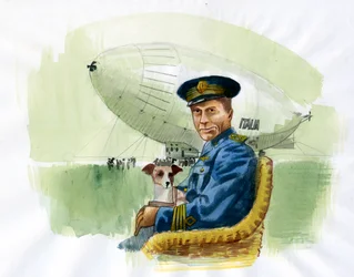 Representation av den italienske flygingenjören och upptäcktsresanden Umberto Nobile (1885-1978) (Porträtt av den italienske flygingenjören och arktiska upptäcktsresanden Umberto Nobile) Illustration av Alessandro Lonati