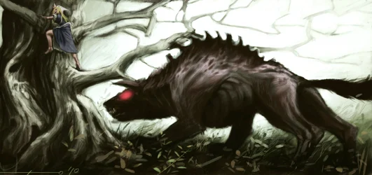 Representation av den legendariska beten av Gevaudan som attackerar en liten flicka uppflugen på ett träd. Illustration av Alessandro Lonati, 2010.