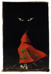 Revisited Little Red Riding Hood av Charles Perrault (1628-1703): Rödluvan vänder sig mot vargens ögon i mörkret med ett hagelgevär gömt under hans röda rock "Wolf Killer"". Teckning av Alessandro Lonati