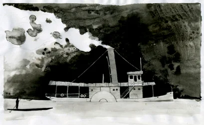 Steamship Illustration av den nya "" In the Heart of Darkness"" av Joseph Conrad. 2012