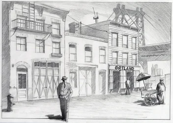 USA, New York: utsikt över en gata från en stadsdel på 1950-talet. Teckning av Alessandro Lonati