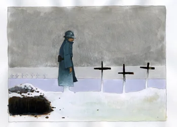 Första världskriget: en fransk soldat i en krigsgrav som tittar på korsen
