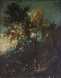 Ett bergslandskap med pastorala figurer