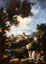 Landskap med karmelitbröder som ber vid en helgedom vid vägkanten, ca 1720 (olja på duk)