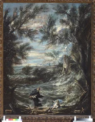 Saint Augustine och barnet (St Augustine och barnet). Målning av Alessandro Magnasco känd som il Lissandrino (1667-1749)