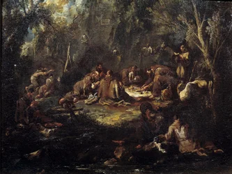 Scen av klosterlivet Munkarnas frukost, ber och läser i en undervegetation. Målning av Alessandro Magnasco