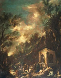 Scen för pilgrimsfärd, av Alessandro Magnasco, känd som Lissandrino (1667-1749) (målning)