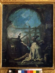 ""En clown som lär en skata"" (En clown som tränar en skata) En cirkusman lär en skata siffror. Målning av Alessandro Magnasco (1667-1749) Pushkin-museet från 1700-talet, Moskva