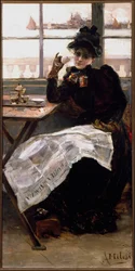 En kvinna i svart läser tidningen och smuttar på en kopp kaffe på en bistro. Målning av Alessandro Milesi (1856-1945) Genes Galleria av Arte Moderna