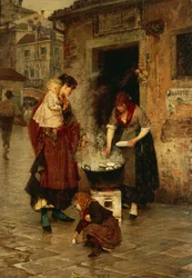 Musslaförsäljare i Venedig, av Alessandro Milesi (1856-1945), olja på duk, 91x65 cm. Italien, 1900-talet.
