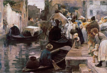 ""Bröllop i Venedig"" De nygifta åker gondol. Målning av Alessandro Milesi (1856-1945) 1897 Rom. Galleria Nazionale d