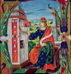 Historiserad initial "A" föreställande kung Salomo, Lombardisk skola, ca 1499-1511