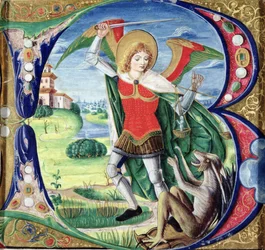 Historikert initial "B" föreställande St. Mikael och draken, 1499-1511