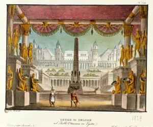 En läcker plats: utsikt från det inre av ett tempel med statyer Scenografi för baletten "" Octavian in Egypt "" av den italienske koreografen Giovanni Galzerani (1780-1865) (1828). Litografi i "" Alexanders samling av natursköna uppfinningar från 1830