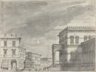 Piazza med ett ryttarmonument och ett palats