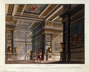Scenografi av Alessandro Sanquirico (1777-1849) för "La Clemence de Tito" av Wolfgang Amadeus Mozart (1756-1791) klättrar till La Scala i Milano 1819 och representerar rummet i Titos kungliga palats