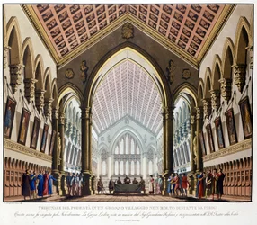 Scenografi av Sanquirico för operan "La gazza ladra" av Gioacchino Rossini representerad på Teatro alla Scala i Milano 1817: Tribunal du Podestat nära Paris.