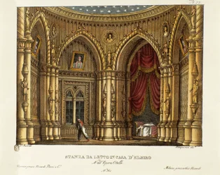 Elmires (eller Elmiros) sovrum. Scenografi till Gioachino Rossinis opera "Otello" (1816), efter William Shakespeares pjäs "Othello eller Moren i Venedig", 1830