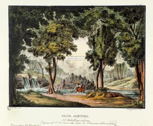 Skogen i Sibyl Albunea Scenografi för representation av operadramat "" Enea nel Lazio "" (1799) av Giuseppe Sarti. Litografi i "" Samling av natursköna uppfinningar från 1830 av Alessandro Sanquirico (1777-1849) ". Milanesiska privata samlingar