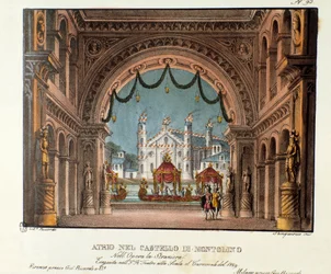 Vestibulen till slottet Montolino i Bretagne Scenografi för föreställningen på Teatro alla scala 1829 av operan "La straniera" "(1828) av Vincenzo Bellini. Litografi i "" Samling av natursköna uppfinningar från 1830 av Alessandro Sanquiri