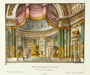 Utsikt över det kungliga palatset av drottningen av Kartago Didon Scenografi för representation av den lyriska tragedin "" Didone" (Didon) (1783) av kompositören Niccolo Vito Piccinni (eller Piccini) efter operan Metastasio (Metastase). Litografi i "" Racc