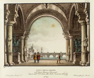 Utsikt över det kungliga slottets hall Scenografi för representationen 1829 av operan "Bianca e Fernando" av Vincenzo Bellini (1826). Litografi i "" Samling av natursköna uppfinningar från 1830 av Alessandro Sanquirico (1777-1849) ". Privat Milanese