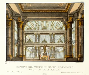 Vy över det inre av Bacchus tempel belyser Scenografi för representation av operan "Alessandro nell