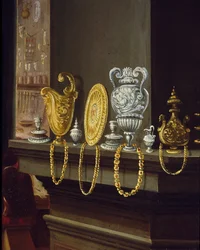 Guldmaskens verkstad. Detalj som visar kopparna och brickorna av guld och silver placeras på en hylla (Målning