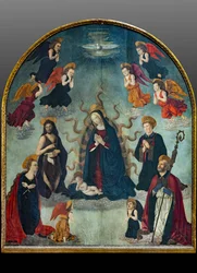 Madonna och barn med heliga (olja på panel)