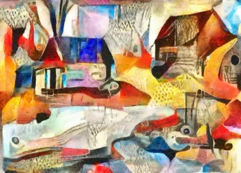 blå och bruna tak, 2017, (blandade media)