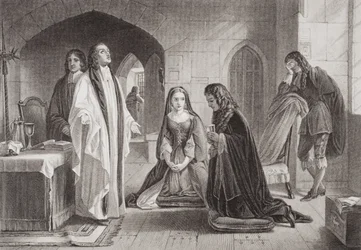 Lord William Russell mottar sakramentet före sin avrättning den 21 juli 1683, ur "Illustrations of English and Scottish History" Volym I (gravyr)