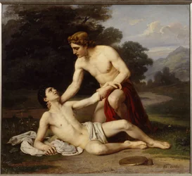 Apollon och Hyakinthos. Den grekiske guden böjer sig över den unge mannen, skadad i tinningen under träning i diskuskastning. Målning av Alexander Alexeyevich Kiselev (1855-efter 1918)
