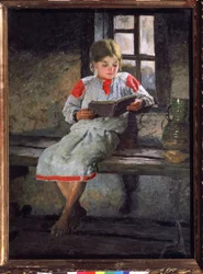 Underbar läsning. En liten flicka som sitter vid fönstret, uppslukad av berättelsen om sin bok. Målning av Alexander Alexeyevich Kiselev (1855-efter 1918), olja på duk, cirka 1890. Rysk konst från 1800-talet. Staten Tretyakov Ga