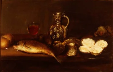 Ett frukoststilleben med stengodskanna, fisk och ostron