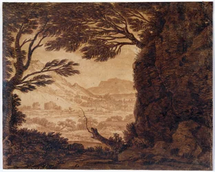 Klassiskt landskap, mitten av 1700-talet (sepia på papper)