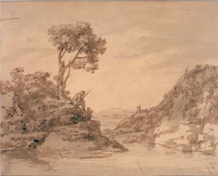 Landskap med figur på stranden av en pool (akvarell, sepia och tvätt)
