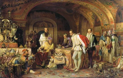 Ivan IV av Ryssland visar sina skatter för ambassadören från drottning Elisabet I av England, 1875.
