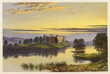 Skotsk Loch landskap: Linlithgow Loch (färglitografi)