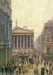 Rush Hour av Royal Exchange från Queen Victoria Street, 1904