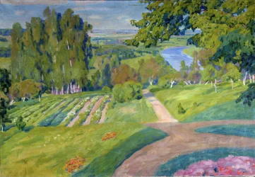 En lantgård. Målning av Alexander Fyodorovich Gaush (1873-1947), olja på duk, cirka 1910, rysk konst, art nouveau. Regionala M.Vrubel konstmuseum, Omsk (Ryssland).