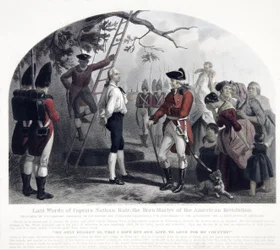 Last Words of Captain Nathan Hale, pub. 1858 (handfärgad gravyr)