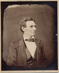 Abraham Lincoln (1809-65), USA:s 16:e president, kopia tryck efter foto av Alexander Hesler, 1860 (albumfoto)