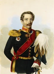 Porträtt av Don Cossack-arméns ataman, Mikhail Grigorievich Khomutov. Verk av Alexander Ivanovich Klunder (1802-1875), akvarell på papper