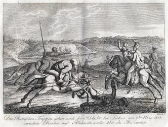 Ryska trupper går efter slaget vid Lutzen tillbaka över Elbe - Sauerweid, Alexander Ivanovich (1783-1844) - 1813 - Etsning - 21x26 - Privat samling