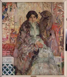 Kvinna med en örnuggla. Målning av Alexander Ivanovich Savinov (1881-1942), olja på duk