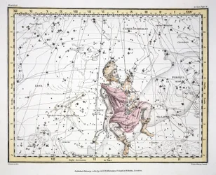 Konstellationerna (platta IV) Auriga, Camelopaardalis, Telescopium Herschelli, från "A Celestial Atlas" av Alexander Jamieson, pub. London 1822 (handfärgad gravyr)
